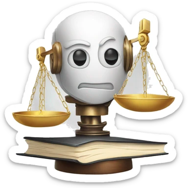 a balance of justice with a robot head in one side and a book on the other side sticker