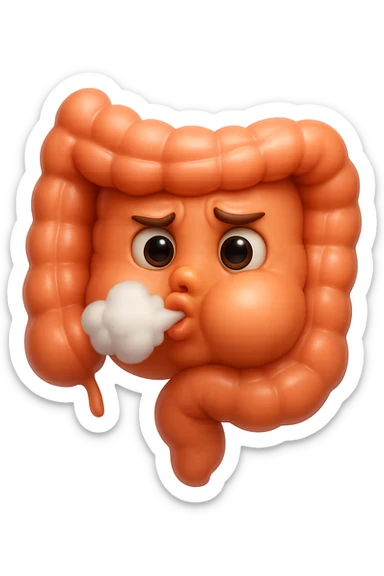 emoji stile iphone di un intestino che ingoia una nuvoletta di aria ben visibile e gli si gonfia la pancia, non fargli il naso, iperrealistico 4k sticker