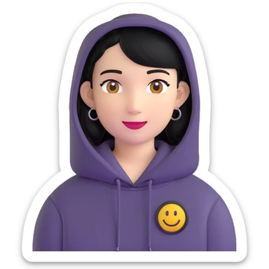 person with military cut black hair, brown eyes, wearing 2 circle earrings and a black hoodie with a smiley face sticker