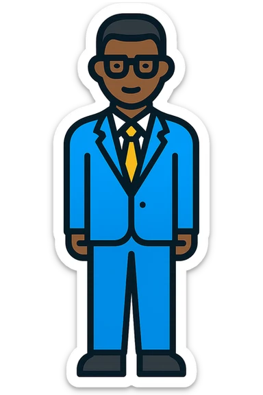 A dark-skinned man in a suit with glasses, full-length sticker