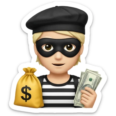 a short ios emoji-style portrait of a classic burglar, a black eye mask (looks like a blindfold) and a black-and-white striped shirt. emoji-like hair, black hat, ONE bag of money 💰 with a dollar sign in a right corner sticker