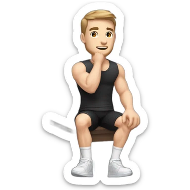 Pale skinned Fit Man With the biceps and dark brown hair in black shirt, gray sports shorts and white Sneakers Sitting on a chair sticker