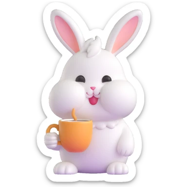 fluffy cream bunny with teardrop eyes holding a coffee mug, cozy soft background sticker