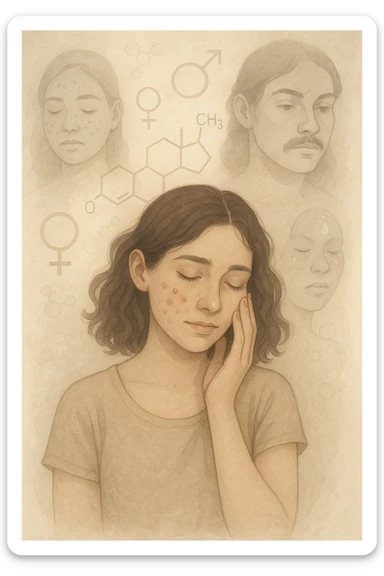 A young woman is surrounded by faint overlays of hormonal symbols and androgen molecules, with shadowy images of acne, facial hair, and oily skin projected around her, symbolizing the symptoms of PCOS with androgen excess. She looks down, gently touching her face with a resigned but hopeful expression, symbolizing her journey toward managing these symptoms. sticker