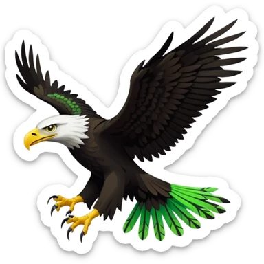 Stylized vector eagle flying sideways, wings spread up. Matte black with neon-green angular feather patterns, fierce face, extended talons. Bold flat sticker style with a thick clean white outline. sticker