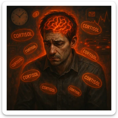 semi-realistic, moody lighting; man in his 30s, chronic stress signs (tired eyes, tense, hunched), glowing 'Cortisol' symbols, reddish-orange aura; blurred background with stress triggers (clocks, notifications, traffic, charts); brain visible with red-orange neural activity; symbolic surrealism sticker
