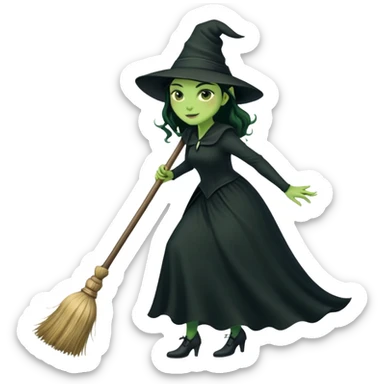 Elphaba, green witch with black hat and long black dress riding a broomstick sticker