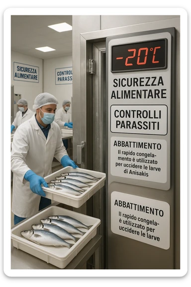 a fish processing facility where freshly caught fish are placed on trays and moved into a large industrial freezer. A temperature gauge shows -20°C, and an educational label explains that rapid freezing (abbattimento) is used to kill Anisakis larvae. The background includes workers in protective clothing and clear signage about food safety. in italiano sticker
