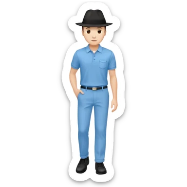 Framed portrait black fedora light blue polo and pants black shoes gradient background sticker