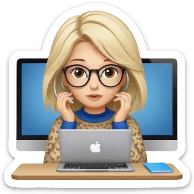 ragazza bionda con capelli lunghi, con occhiali tartarugati, occhi azzurri, con maglione beige, seduti alla scrivania che lavora al pc sticker