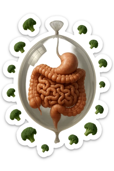 palloncino con intestino umano anatomico all'interno, attorno al quale fluttuano dei broccoletti, iperrealistico 4k sticker