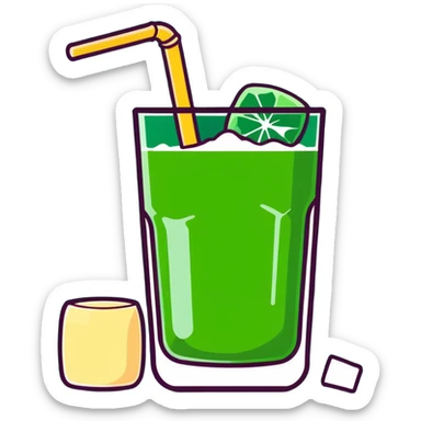 Tall glass of sweet sugarcane juice with ice cubes, light green liquid, straw, and sugar cane stalks beside it sticker