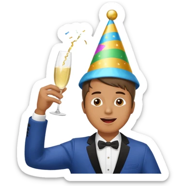 An energetic man throws his head back, drinking champagne loudly as the New Year begins. sticker