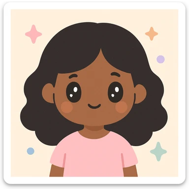 brown girl with black wavy hair, wearing a cute light pink shirt, kawaii style sticker