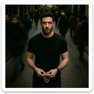 Overhead cinematic shot, reference person, no headphones, black shirt, athletic and fit, standing still on a brick city sidewalk, motion-blurred crowd, moody lighting, 35mm film look, shallow depth of field, sharp focus. Urban. Render in a style suitable for cinematic photography with moody lighting and shallow depth of field. sticker