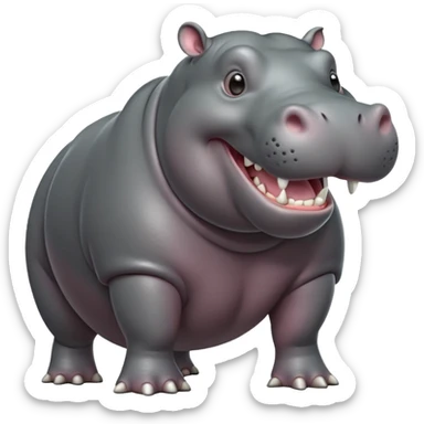 cinematic-hippo-realistic-full-body-side-view-standing-on-all-fours-emoji,-massive-round-frame,-wide-mouthed-grin-exposing-huge-teeth,-head-tilted-dramatically,-thick-grey-hide-glossy sticker