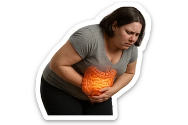 DONNA LEGGERMENTE SOVRAPPESO PIEGATA IN AVANTI CON INTESTINO ANATOMICO IN EVIDENZA, MAL DI PANCIA iperrealistico 4k sticker