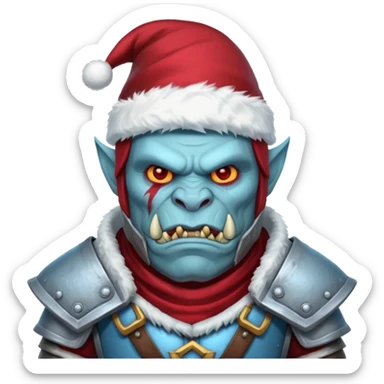 
Fantasy Christmas orc legion soldier icon, iron tundra army theme, heavy winter armor, disciplined brutal look, icy blue steel armor with deep crimson accents, frozen metal texture, cold winter atmosphere, male variant sticker