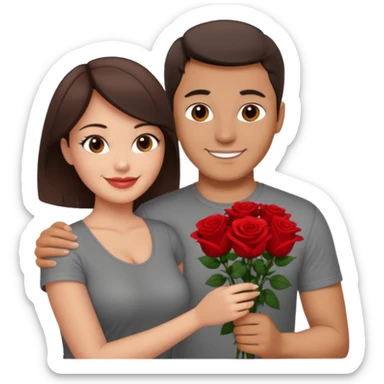 smiling man in grey shirt giving flowers to a pretty, sexy, slightly curvy white woman with short dark brown hair  sticker