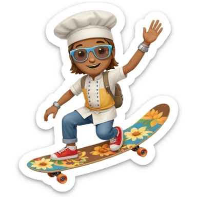 ["A happy boy with brown skin, straight hair, wearing a chef hat and sunglasses, dressed in hippie fashion, is skateboarding while holding a backpack."] sticker