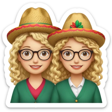 2 blonde girls, one with curly hair and glasses and the other with straight hair and glasses. both wearing Mexican hats sticker
