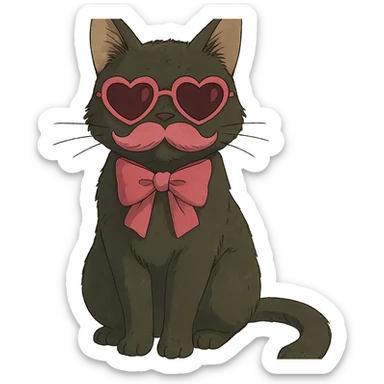 cat with pink heart sunglasses, pink moustache, and pink bow in ghibli style sticker