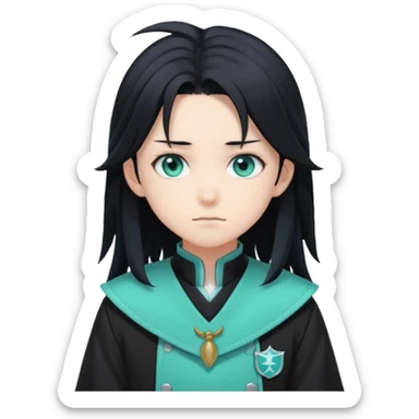 Tokito Muichiro emoji style — calm boy with long black hair fading mint green, turquoise eyes, pale skin, dreamy face, wearing dark Demon Slayer uniform, black + teal tone, anime cute clean style. sticker