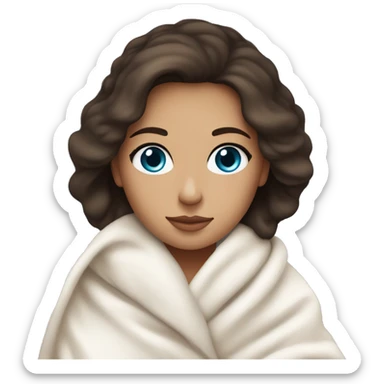 Beautiful brunette with slightly tan skin and blue eyes, wrapped up cozily in a warm white blanket. sticker
