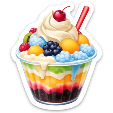 Taiwanese shaved ice dessert with boba, fruit, and condensed milk sticker
