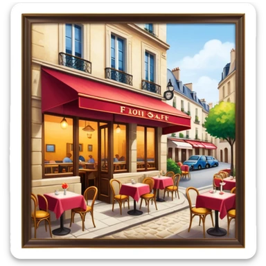 Cinematic Realistic Caf√© Culture Pop Culture Emoji, showcasing a vibrant French caf√© scene rendered with rich textures and warm, inviting lighting. sticker