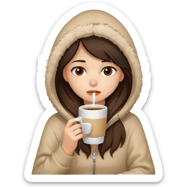 a brunette girl sitting cozily in a beige fur hoodie sipping coffee while crying sticker