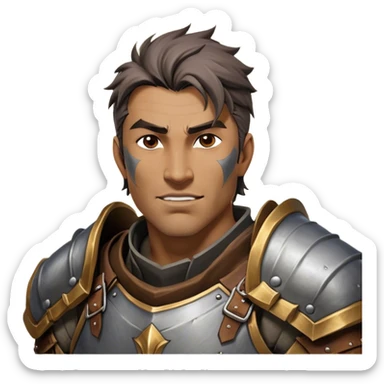 Cinematic Realistic WoW Human Warrior Portrait, head tilted dramatically with an exaggeratedly amused expression, blending rugged heroism with a hint of lighthearted charm. His chiseled face, framed by meticulously rendered steel armor and leather accents in consistent greys and bronzes, is brought to life with dynamic lighting and high shine, dramatic yet whimsical, capturing the essence of a warrior whose epic might is coupled with an approachable, playful demeanor. sticker