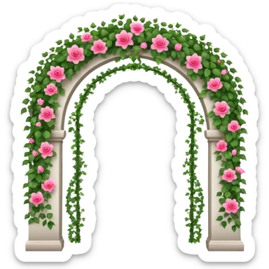 White tall archway with vines, ivies, and romantic pink and red flowers  sticker