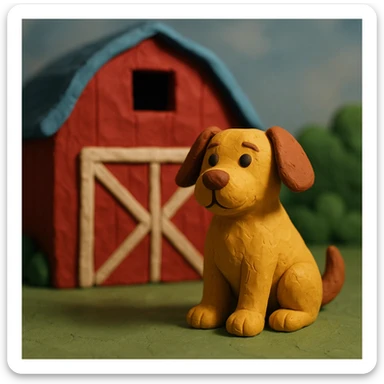 barn dog sitting in front of a red barn, visible fingerprints, matte plasticine look, claymation style sticker
