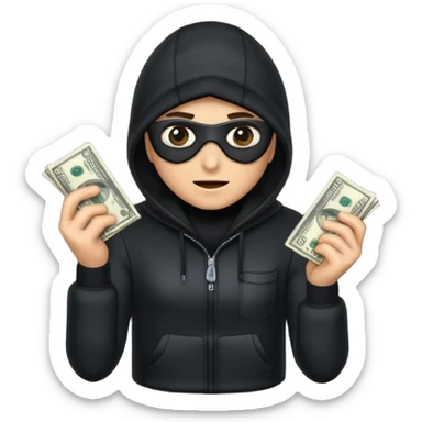Robber with money na mão direita com uma blusa de frio preta e moreno sticker