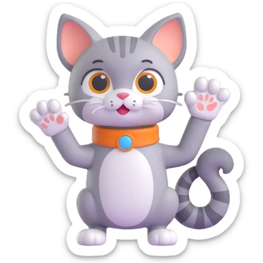 3D cartoon style cat character, grey pepper color, waving paw sticker