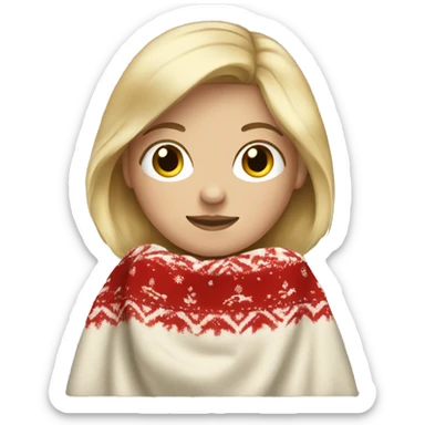 white female, blonde hair, wearing a christmas blanket sticker