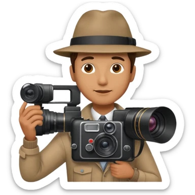 man hold  large film Camera ,on his shoulder sticker