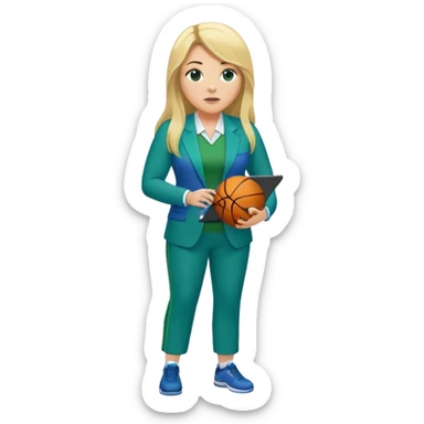 Full Body white plus size female basketball head coach using a clipboard with long blonde hair in a blue and green suit sticker