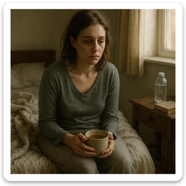 A realistic, cinematic illustration of a woman in her early 30s with a tired, pale appearance, sitting on the edge of her bed in a softly lit bedroom during the morning. She looks exhausted and drained, with a slightly slouched posture and dark circles under her eyes. She wears comfortable loungewear and holds a warm cup of herbal tea, seeking comfort. The cozy, slightly messy room includes a blanket, a water bottle, and a book on the nightstand, emphasizing chronic fatigue. Soft natural light comes through the window, highlighting her expression of persistent tiredness despite rest, capturing the invisible struggle of chronic fatigue syndrome with dignity and a gentle aesthetic. sticker