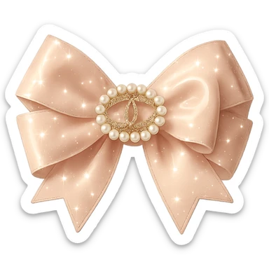Add sparkling effects to the elegant bow with pearls and gold Chanel logo, glossy, pastel colors, realistic style, with a solid white background. The image should have a clean and solid white background to highlight the sparkling and glossy details with soft pastel colors. sticker