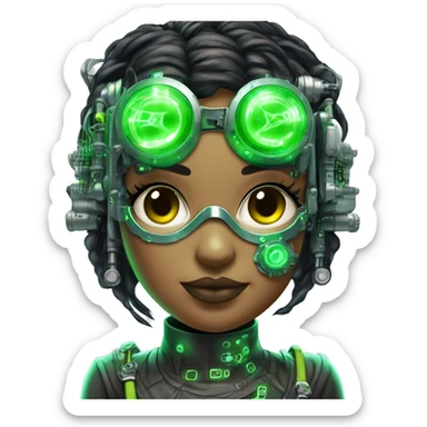 Neon green bobbed hair Latina female cyborg head with silver steampunk goggles and circuits sticker