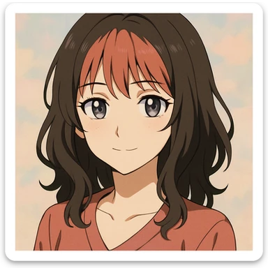 anime style, brunette woman, grey eyes, salmon red bangs, gentle smile, pastel background sticker