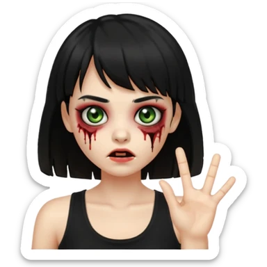 Crie um emoji de zumbi garota do iphone, que tenha o cabelo preto longo, pele levemente esverdeada, de cumprimento no peito, que tenha uma franja no tamanho da sobrancelha, com os olhos escuros e que use uma regata preta sticker