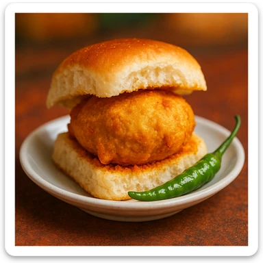 Mumbai Vadapav, iconic Indian street food, soft bun with spicy potato filling, green chili, served on a small plate, vibrant, appetizing, focus on the vadapav, no text sticker