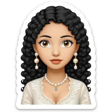 tan skin women, with black long Curly hair, wear white kebaya , and pearl earring sticker