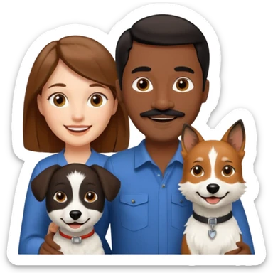 Quiero a una mujer blanca  con el pelo por el hombro lacio castaño  con un hombre de color morochito con el pelo negro y bigote, ambos felices  y un solo perro blanco Fox terrier  sticker