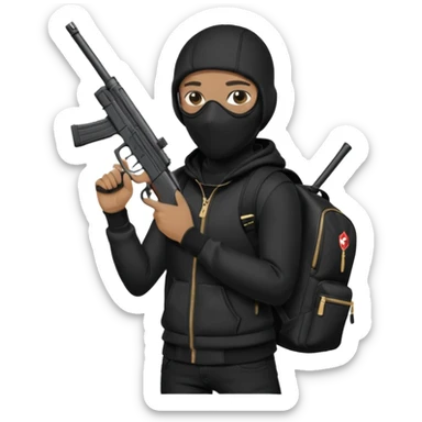 YN wearing a ski mask, holding a gun, all black fit, black jeans, Sprayground bookbag, confident stance sticker