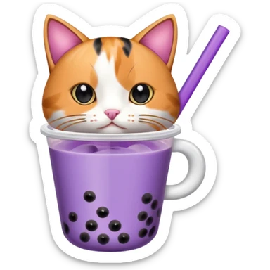 a cat drinking from a mini purple bubble tea cup sticker