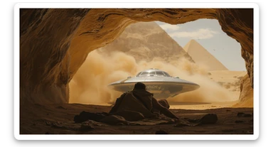 cinematic still, documentary photography, acient egypt, back shot of a man dress in ancient clothes in cave (frame in frame effect) on ground laying front of small ufo starship, sand flying around, palms, dynamic scane, leading lines, captured by arri alexa, depth layers, piramids in babckground sticker